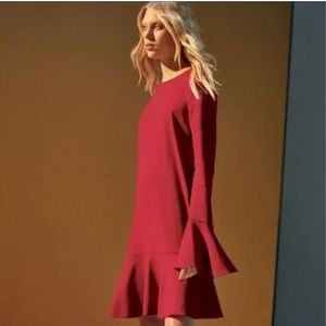 Theory Marah Red Holiday Dress Drop Peplum 0 XS long sleeve Flared Cuffs keyhole